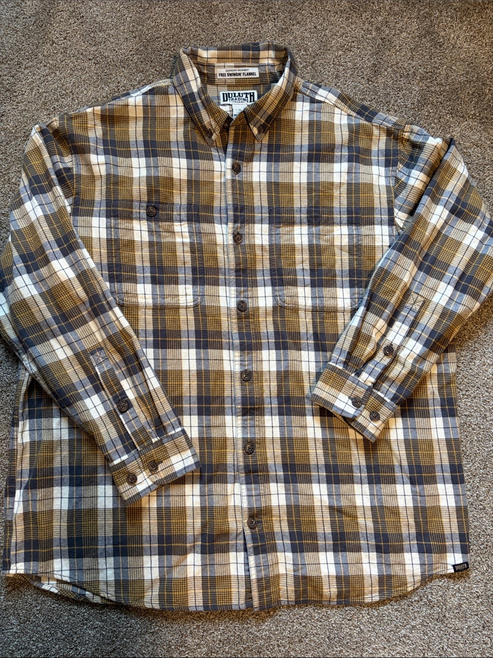 Duluth Trading Co Olive, Navy & White Plaid Button-Down Shirt
